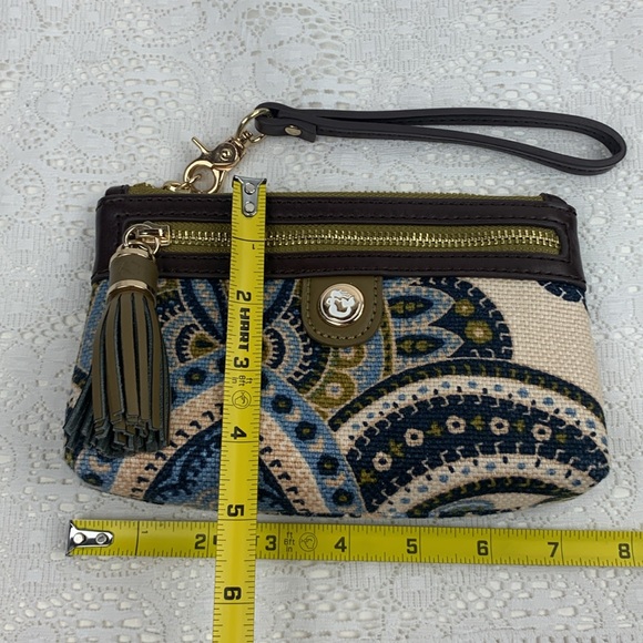 Spartina Linen & leather Wristlet Pouch bag Paisley Blue Tan Boho Gold Zipper - Picture 9 of 13